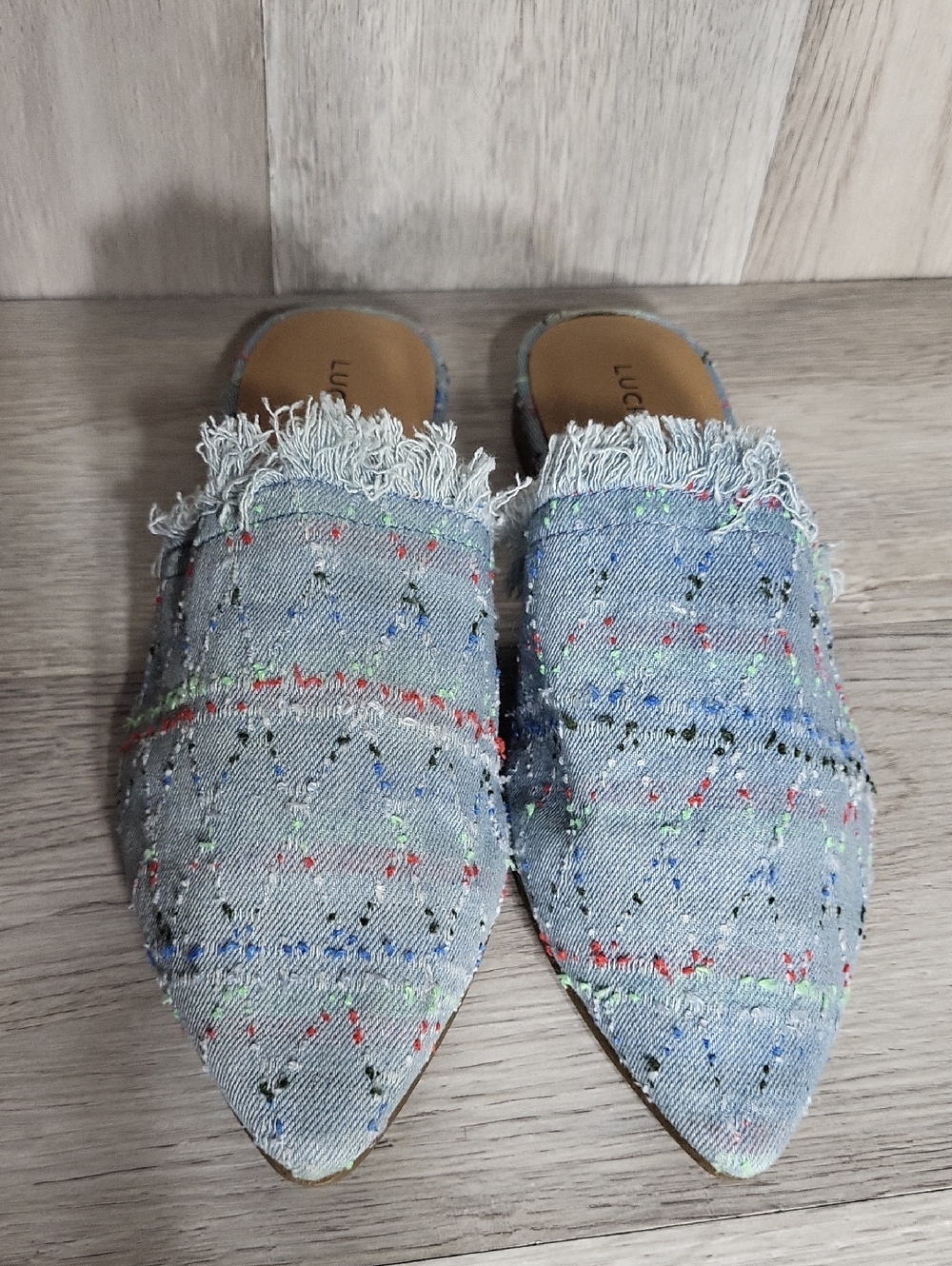 Lucky Brand Denim Embroidered Pointed Toe Mule Flats Frayed Trim Slip On Shoes - Picture 4 of 6